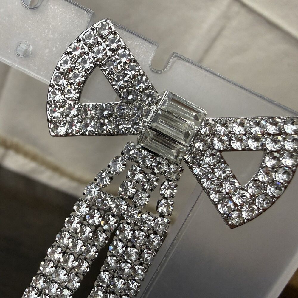 Rhinestone Bow Drop Earrings Crystal Dangle Statement Coquette Bridal Party Glam